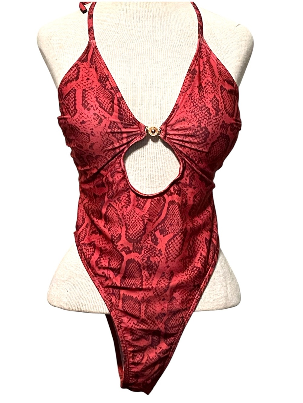 SHEIN Red Snake-Print One-Piece with Front Ring Cutout Size Large